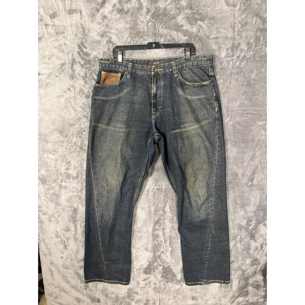 Sean John Mens Relaxed Fit Dark Wash Denim Jeans Leather Trim Accents Blue 40x31